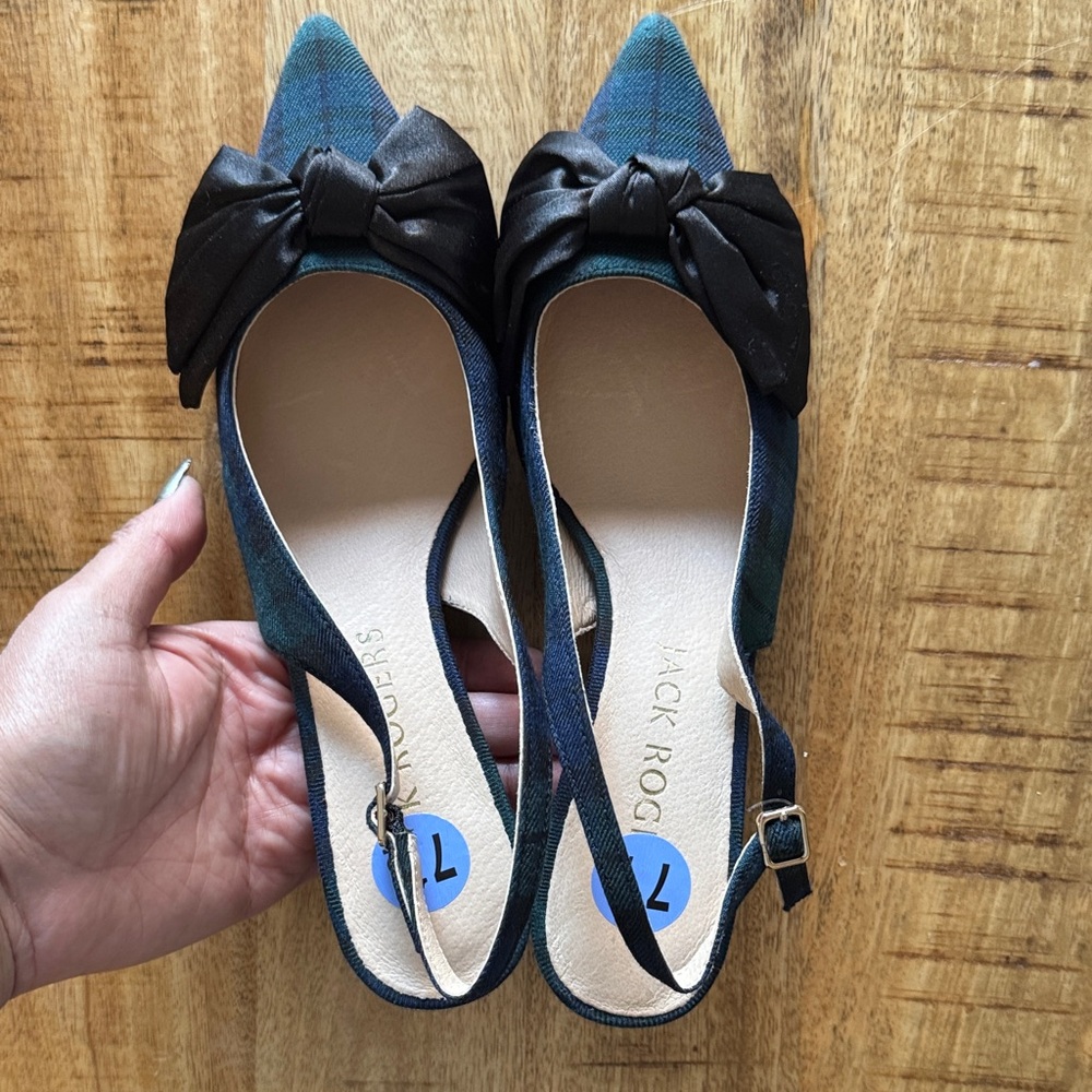 Jack Rogers Debra Tartan Plaid Satin Bow Slingback Kitten Heel Pumps 7.5 7 1/2